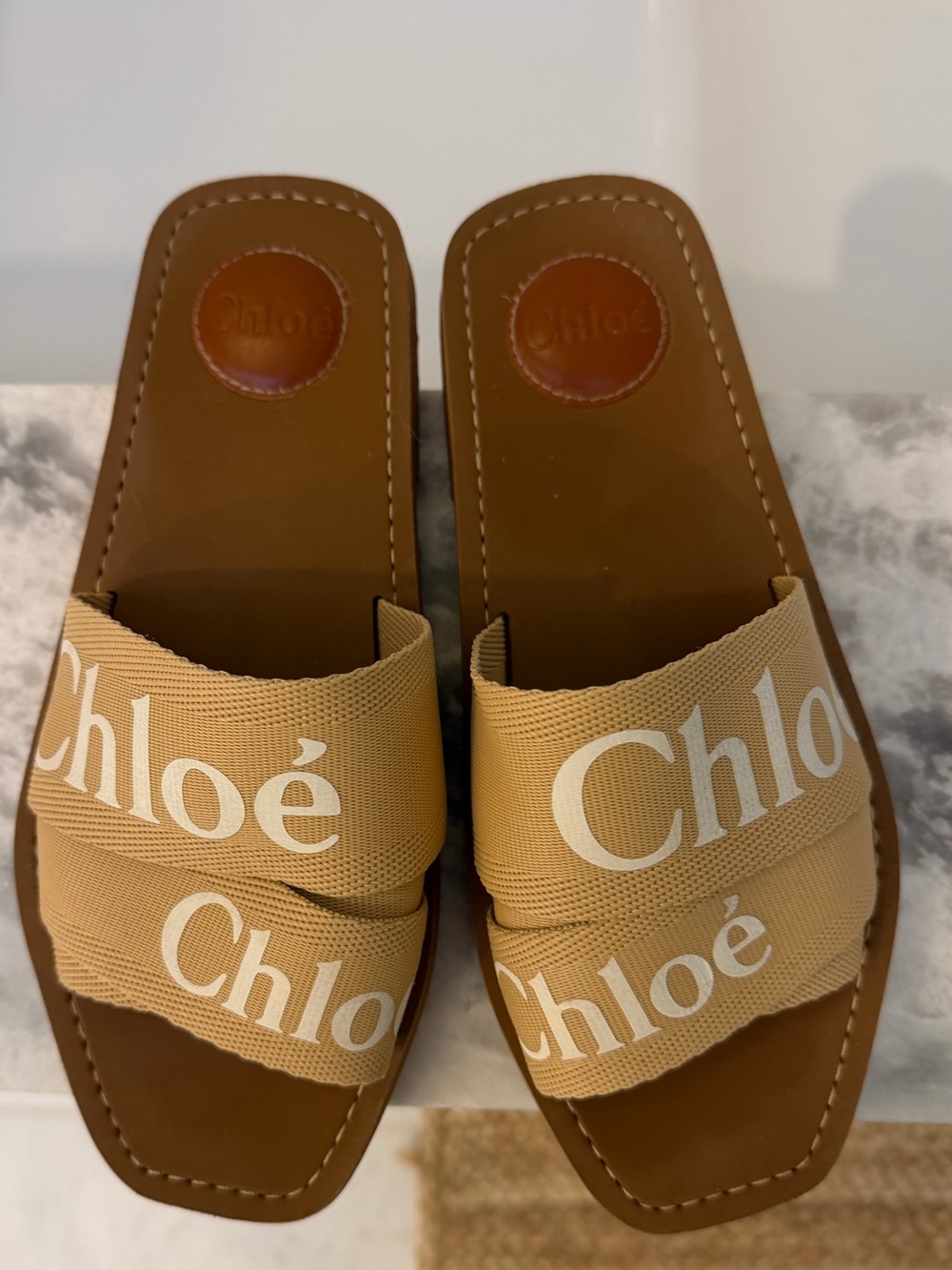 Chloé Woody Logo Slide Sandals in Tan and White size 38 - Picture 7 of 16